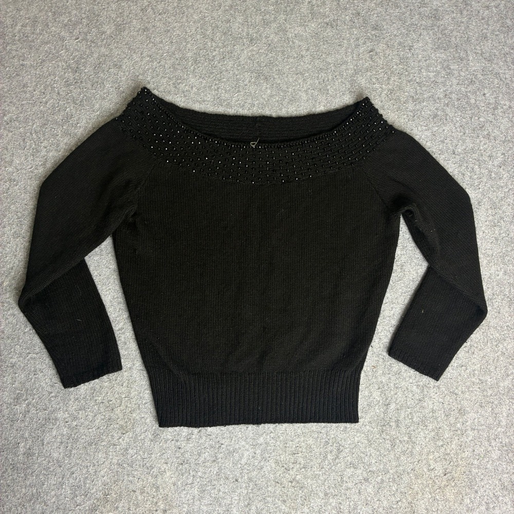 Hillary Rohde S Cashmere Black Beaded Off Shoulder Knit Sweater Sequin Pullover